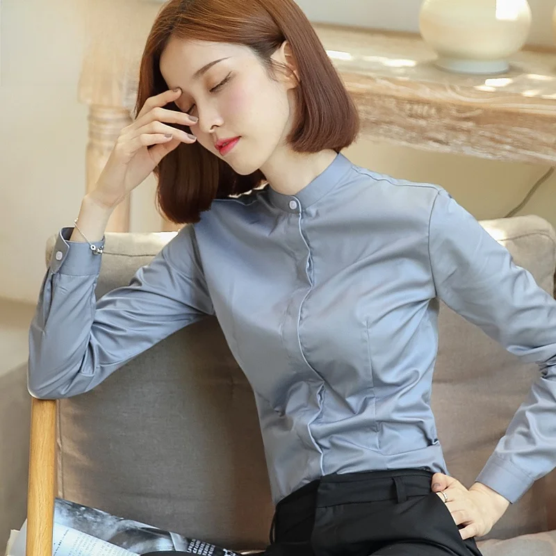 White Shirt Women's Long-Sleeved Work Clothes Professional Stand Collar Fleece-lined Cargo Gray 2024 Spring Design Sens...