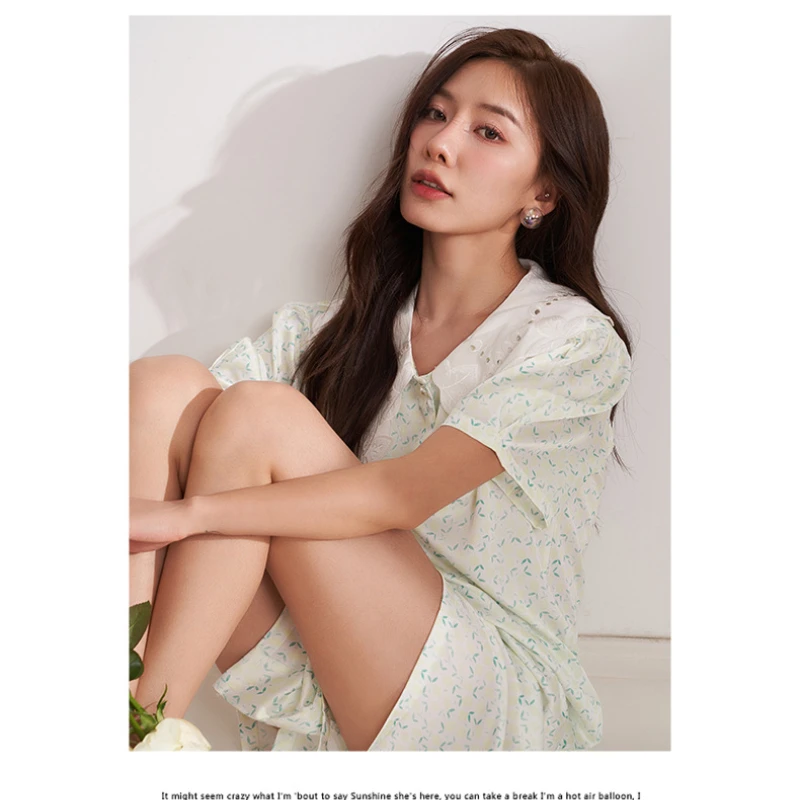 Summer New Pajamas for Women's Embroidered Collar Lemon Short-sleeved Shorts Home Service Suit Can Be Worn Outside Loungewear