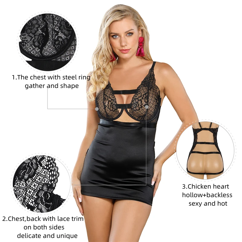 Ohyeahlady Leather Nightgown Lingerie Hollow Push Up Bra Sleepwear Black Plus Size Sexy Lace Skirt Adjust Floral Underwire Dress