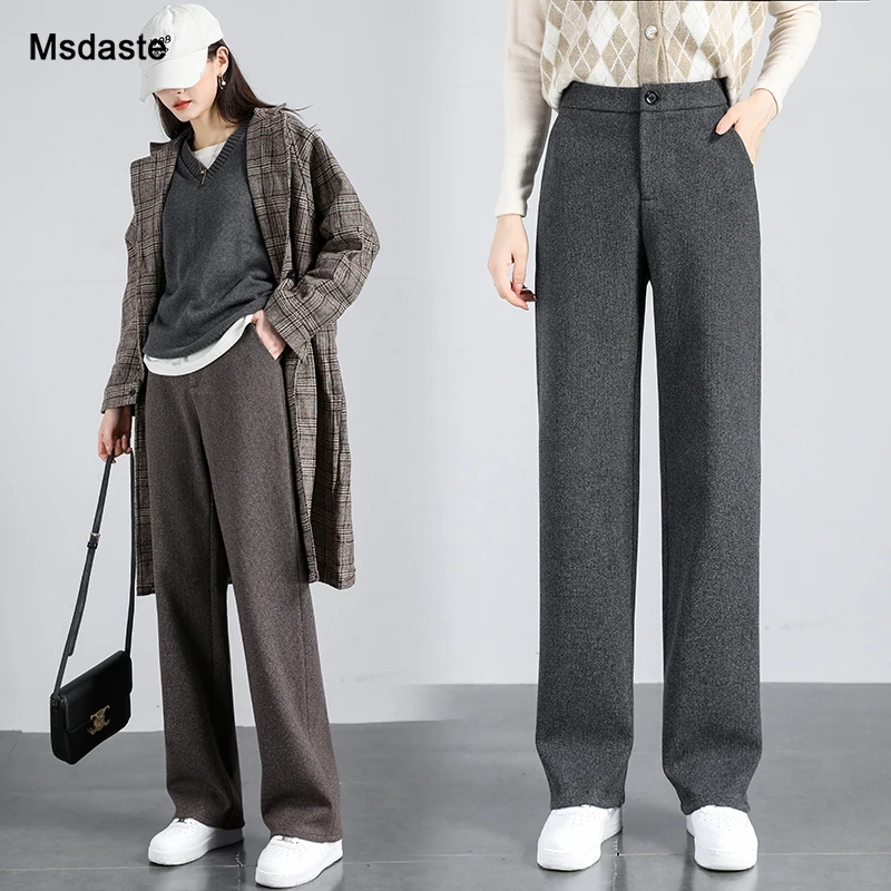 

Брюки женские шерстяные с завышенной талией, длинные штаны, рабочая одежда, длинные прямые шерстяные брюки с широкими штанинами