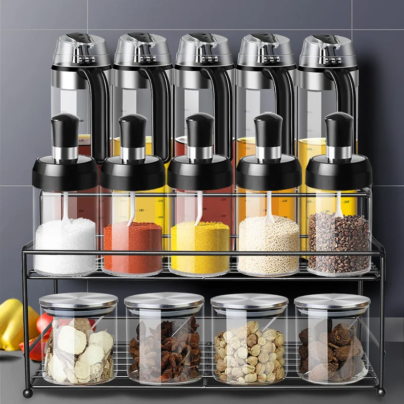

Salt and Sugar Spice Jars Set Glass Container Oil and Vinegar Bottles Sealed Spice Rack Salt Shaker Organizer Kitchen Utensils