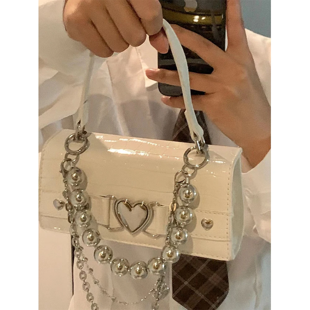 Fashion Alligator Women's Handbags Beading Chains Crossbody Bags for Women Heart Lock Catch Shoulder Bag Crocodile Pattern Flap