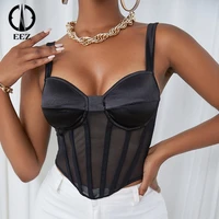 mesh hollow out womens satin corsets sexy sleeveless black irregular corset ladies coquette camisoles streetwear y2k crop top