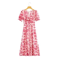 2022 womens new sweet style short sleeve chest wrinkled print medium length dress casual summer street shot floral dress