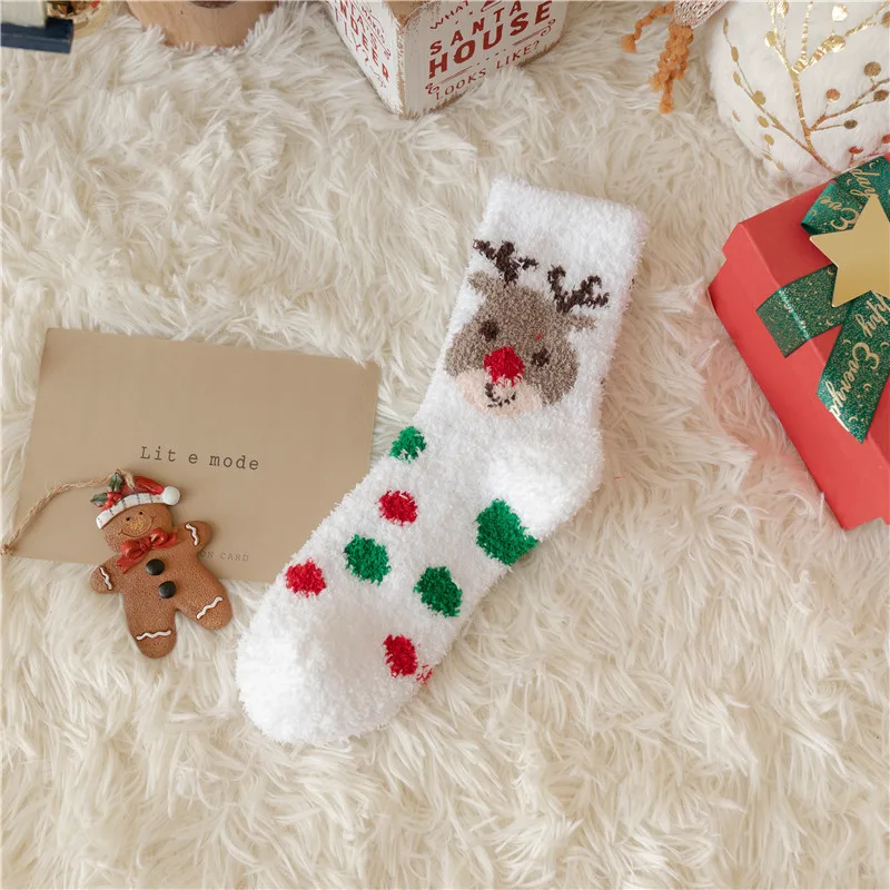 Winter New Korean Coral Fleece Floor Half Fleece Women's Striped Christmas Tree Socks