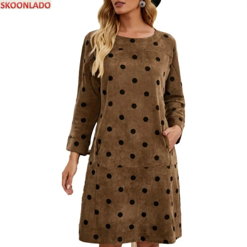 Осенне-зимнее вельветовое ретро платье в горошек повседневные свободные платья