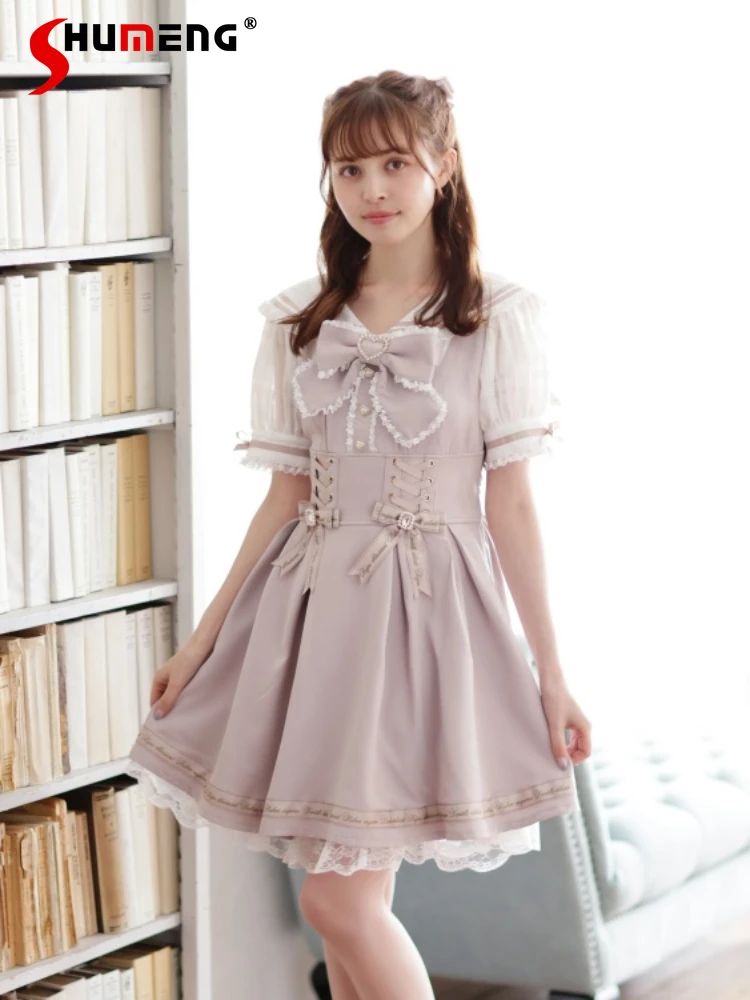 Japanese Style Lolita Sweet Sailor Collar Dress Mine Series Rojita Girl Cute Short Puff Sleeve Lapel Lace-up Bow Dress for Women
