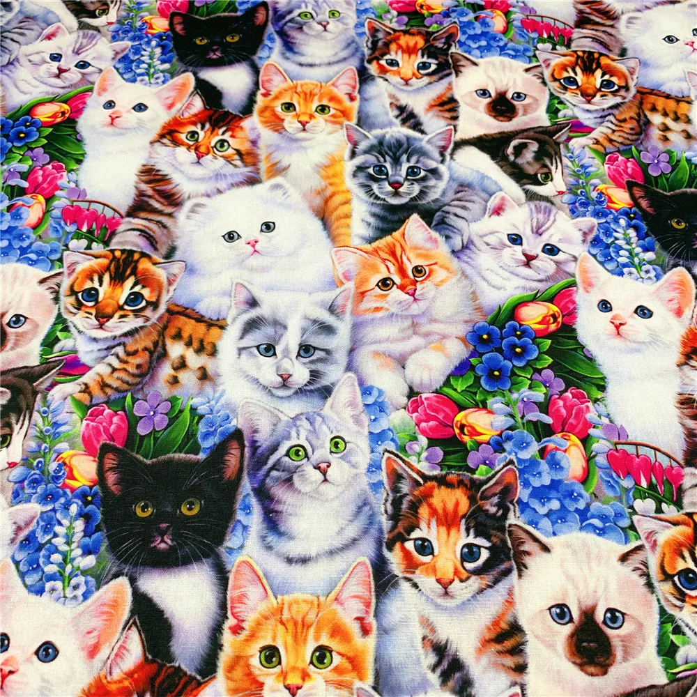 100% хлопчатобумажная ткань с розовыми мультяшными кошками семейный узор цифровым