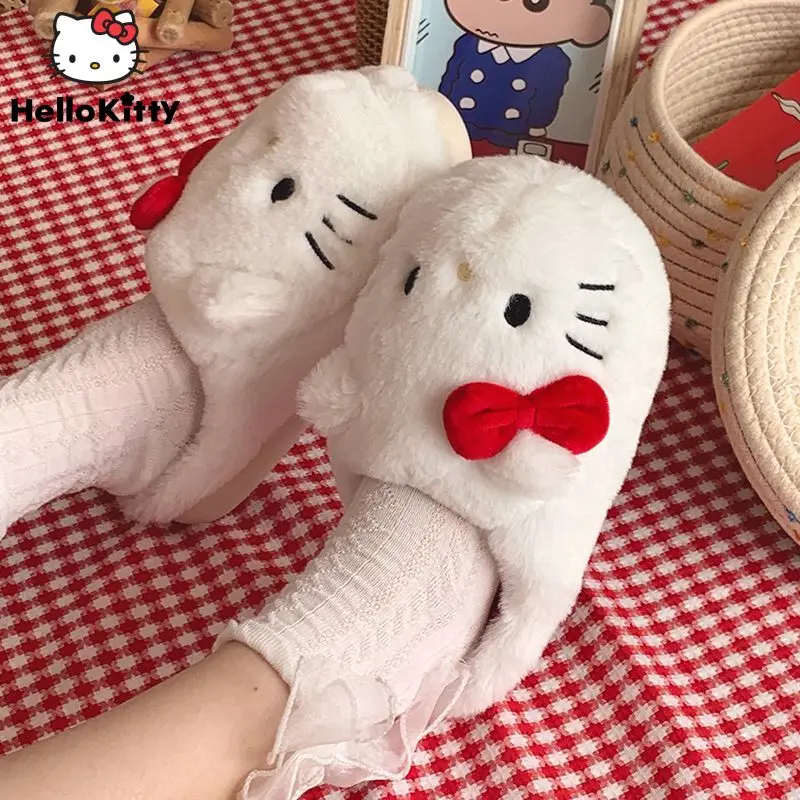 

Sanrio Hello Kitty Plush Slippers For Women Fall Winter New Ins Cotton Slippers Anti Slip Indoor Kawaii Anime Fluffy Shoes Y2k