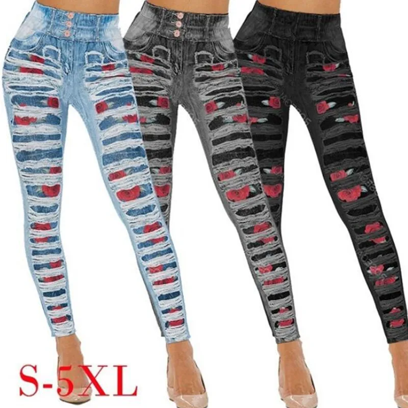

Jeans Leggings Plus Size Women Yoga Long Leggings Faux Denim Ladies Long Pants Floral Printed High Waist Female Shorts