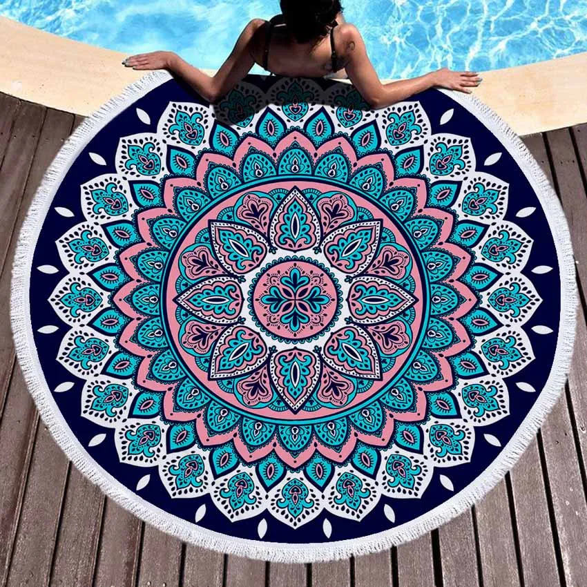 Flower Round Blanket Wall Tapestry Seaside Bath Towel Yoga Mat With Tassels