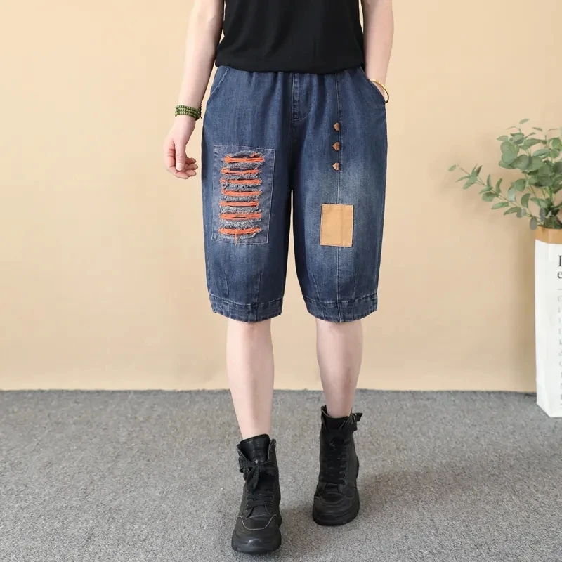 

Summer 2023 Fashion Korean Designer Women Ripped Colourful Shorts Jeans Loose Splice Female Clothes Holes Punk Style Harem Pants