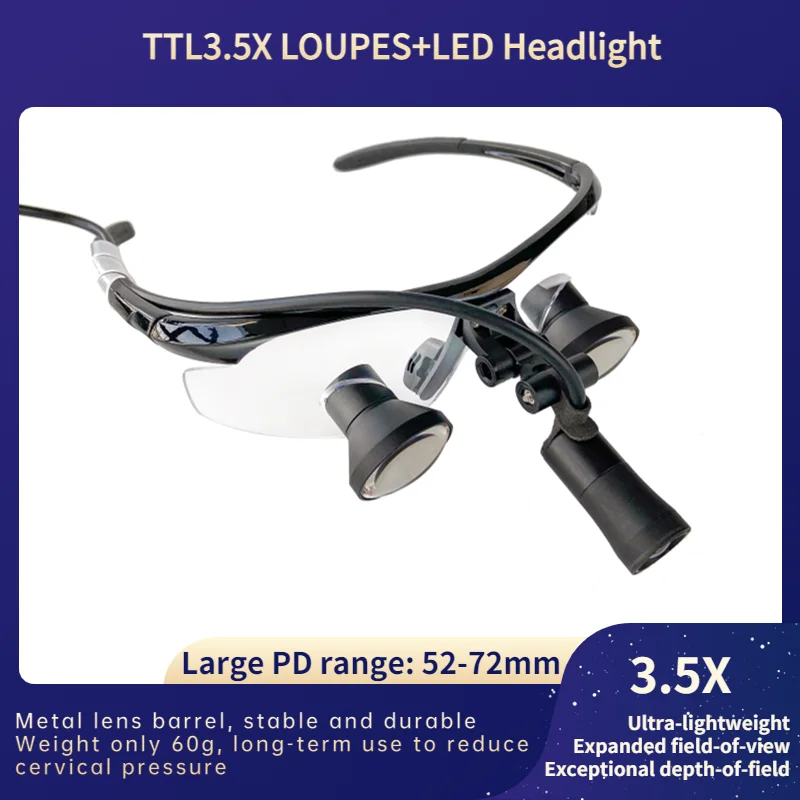 

3.5X TTL(Through The Lenses) Loupes Customized Dental Surgical Lupes with Spotlight LED Headlight （TTL3.5X+06A Lamp)