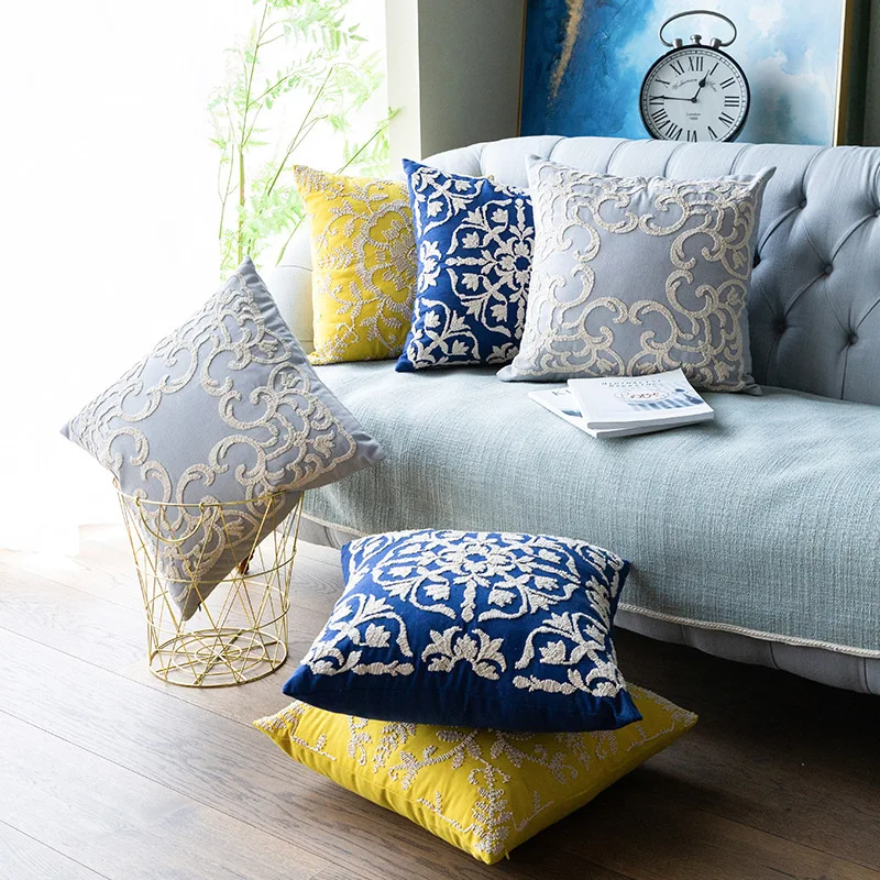 

50x50cm yellow/grey/blue rope embroidered cushion cover lumbar pillowcase sofa scroll waist pillow cover for backrest