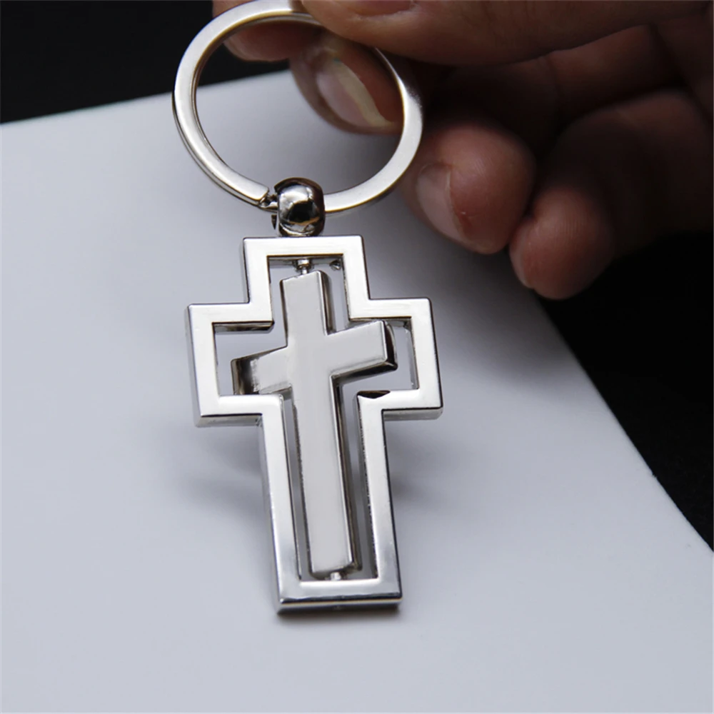 Metal Cross Keychain Hollow Jesus Rotating Key Chains Bag Pendant Religious Door Car Key Ring Religious Gift For Christians