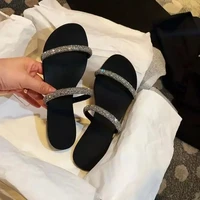 luxury rhinestone slippers women peep toe summer sandals fashion casual beach outdoor flip flops ladies flat slides plus size 43