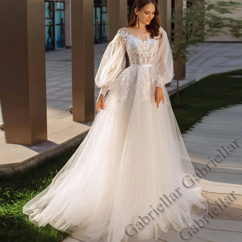 

Gabriellar Classic Scoop Glitter Wedding Dresses Appliques Puffy Sleeve A-line Wedding Gown Vestido De Novia Made To Order