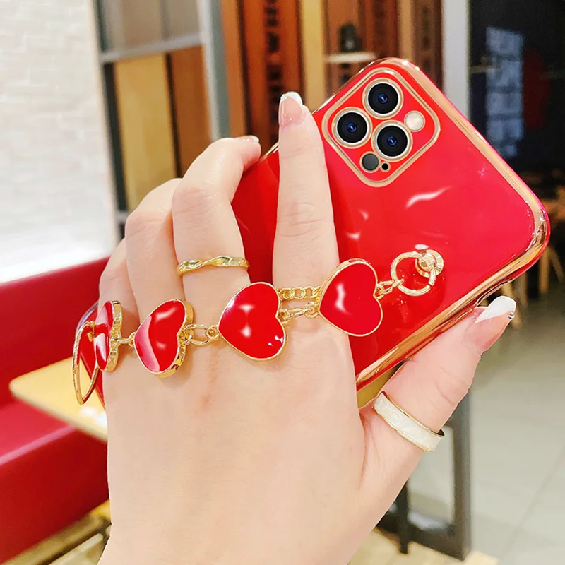 For iPhone 13 12 11 Pro Max mini X XS XR XSMax 6S 7 8 Plus SE2020 Case Luxury Plating Love Bracelet Wrist Chian Strap soft Cover