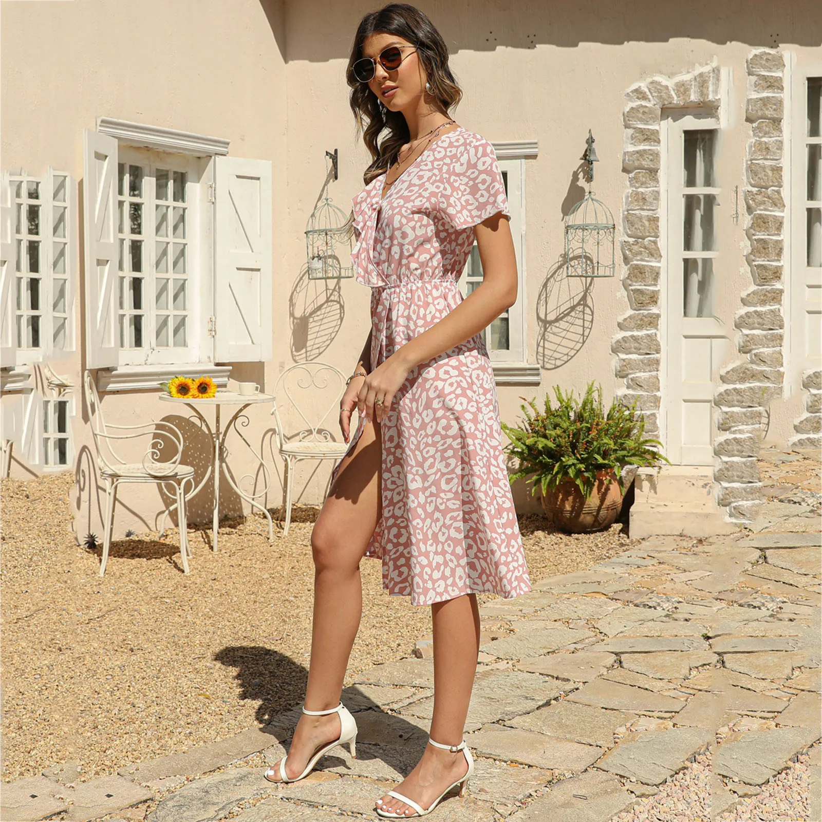 

Женское платье-макси с цветочным принтом, V-образным вырезом и карманами