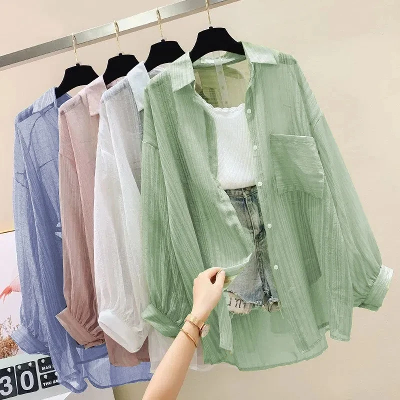 

Solid Chiffon Blouse Cardigan Korea Style Ladies Blouses Women Elegant Shirts Long Sleeve See Through Summer Top Fashion Shirt