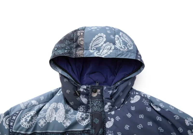 Mens Paisley Printed Hooded Jacket Parka Streetwear Hip Hop Graphic Harajuku Down Jacket Coats Winter Windbreaker Warm Outerwear