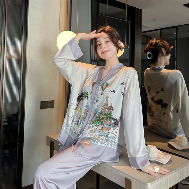 New Luxurious Women's Pajama Suit Ice Silk Pajamas Korean Fashion Thin Printing Leisure Wear Long Sleeved Trousers