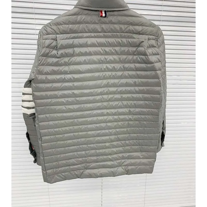 TB THOM Thin Down Jacket Classic White 4-Bar Striped Business Men Down Jacket Winter Slim Short Hooded Warm White Duck Down Coat