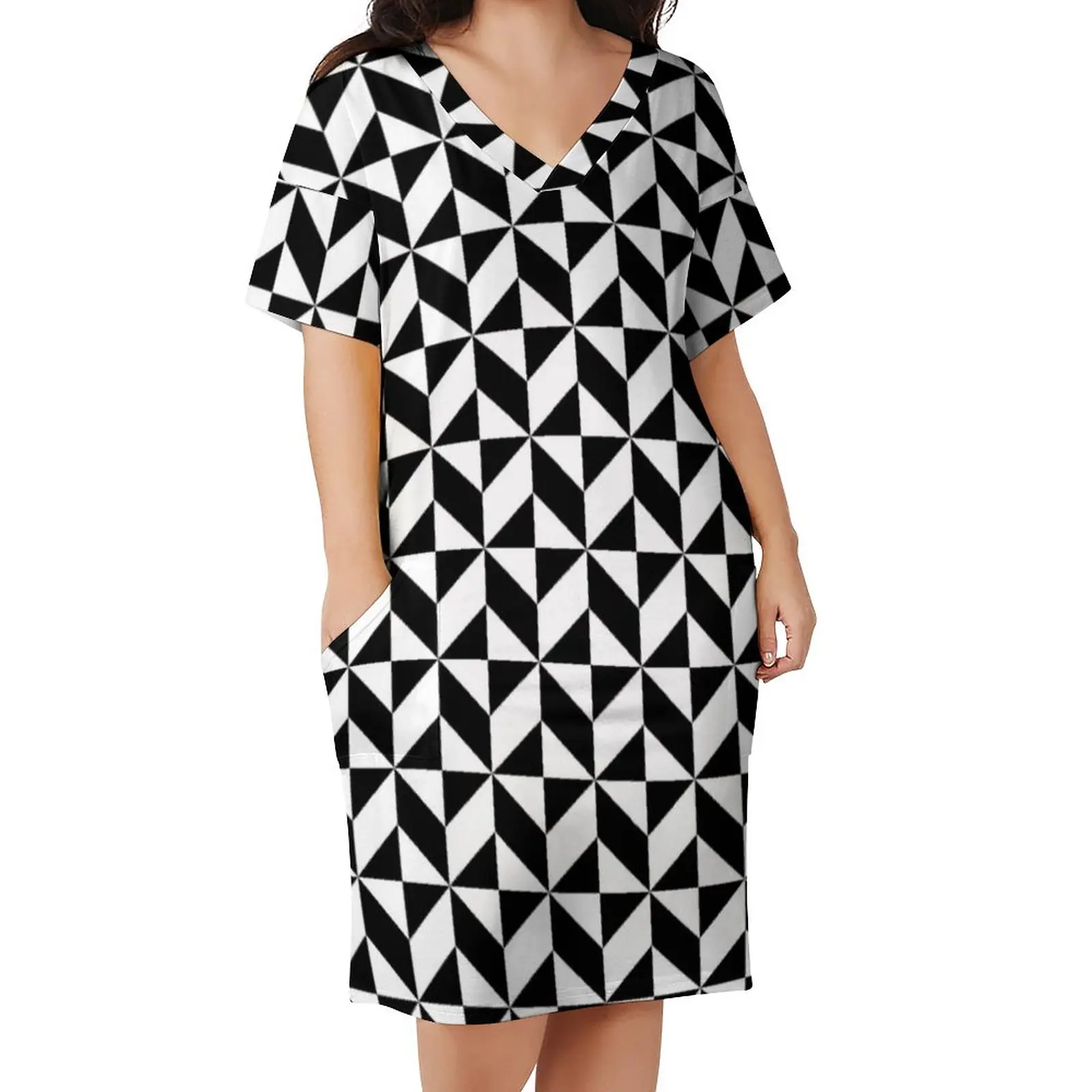 Abstract Geometry Casual Dress Female Black and White Cute Dresses Summer Short Sleeve Streetwear Print Dress Plus Size 3XL 4XL