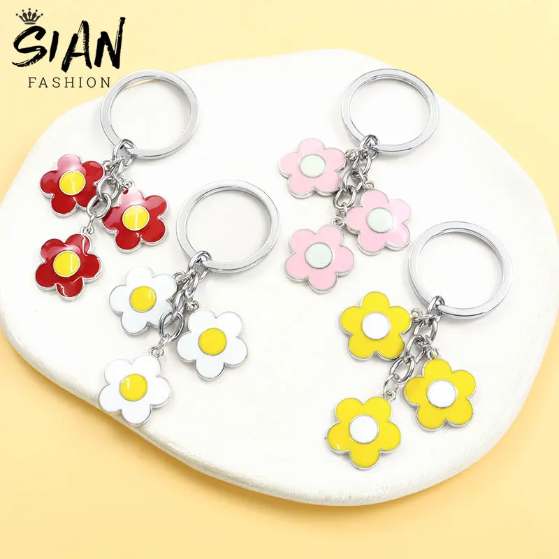 

Cute Flower Enamel Key Chain Colorful Flowers Plant Drip Oil Pendant Keyring Car Bag Key Accessories Sweet Girl Jewelry DIY Gift