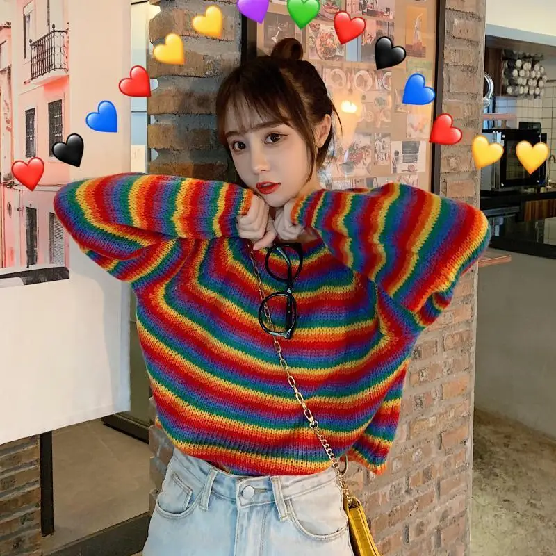 Sweaters Women New Trendy Rainbow Striped College Girls Crop Jumpers Korean Basic Winter Leisure All-match Lovely Femme Knitwear