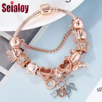 seialoy rose gold bracelet bangles for women princess elk bead happy charm bracelets jewelry fit girl couple friendship gift