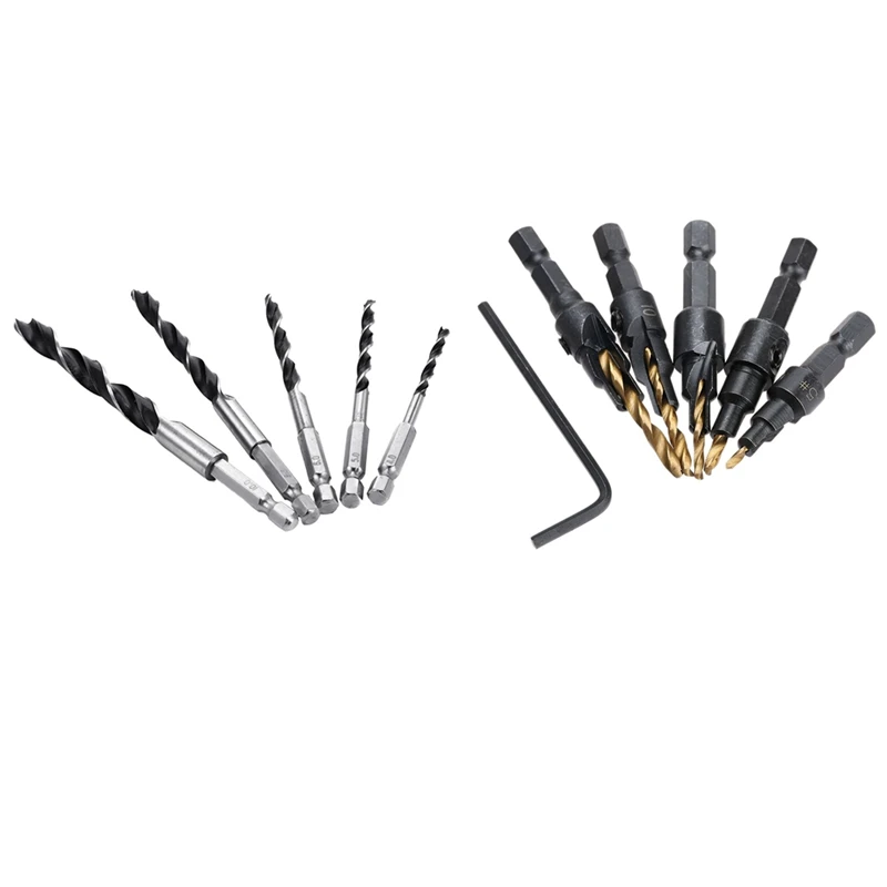 

5Pcs HSS 1/4 Inch Hex Shank Brad Point Twist Drill Bits Set 4 - 10Mm & 5Pcs 5 6 8 10 12 HSS Countersink Drill Bit