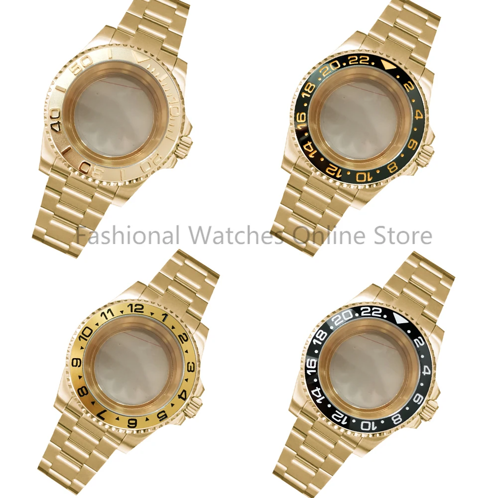 

40mm Pvd Plated Gold Stainless Steel Watch Case+Strap Sapphire Mirror Transparent Bottom Case Watch Parts for NH35/NH36 Movement