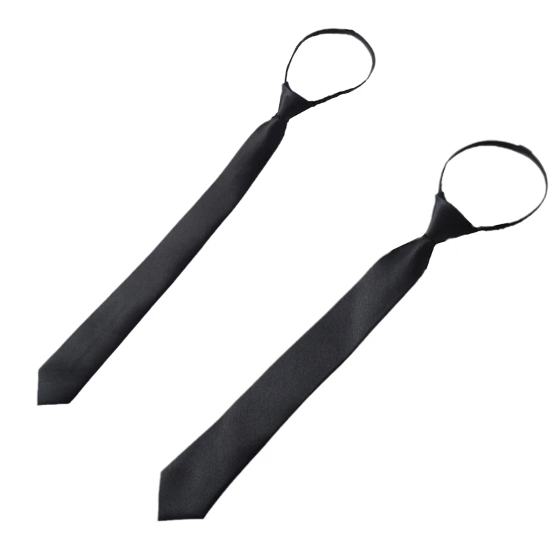 

F42F Preppy Style Men Women Black Necktie with Adjustable Zipper Pre-Tied Solid Color Narrow Tie for Formal Wedding School