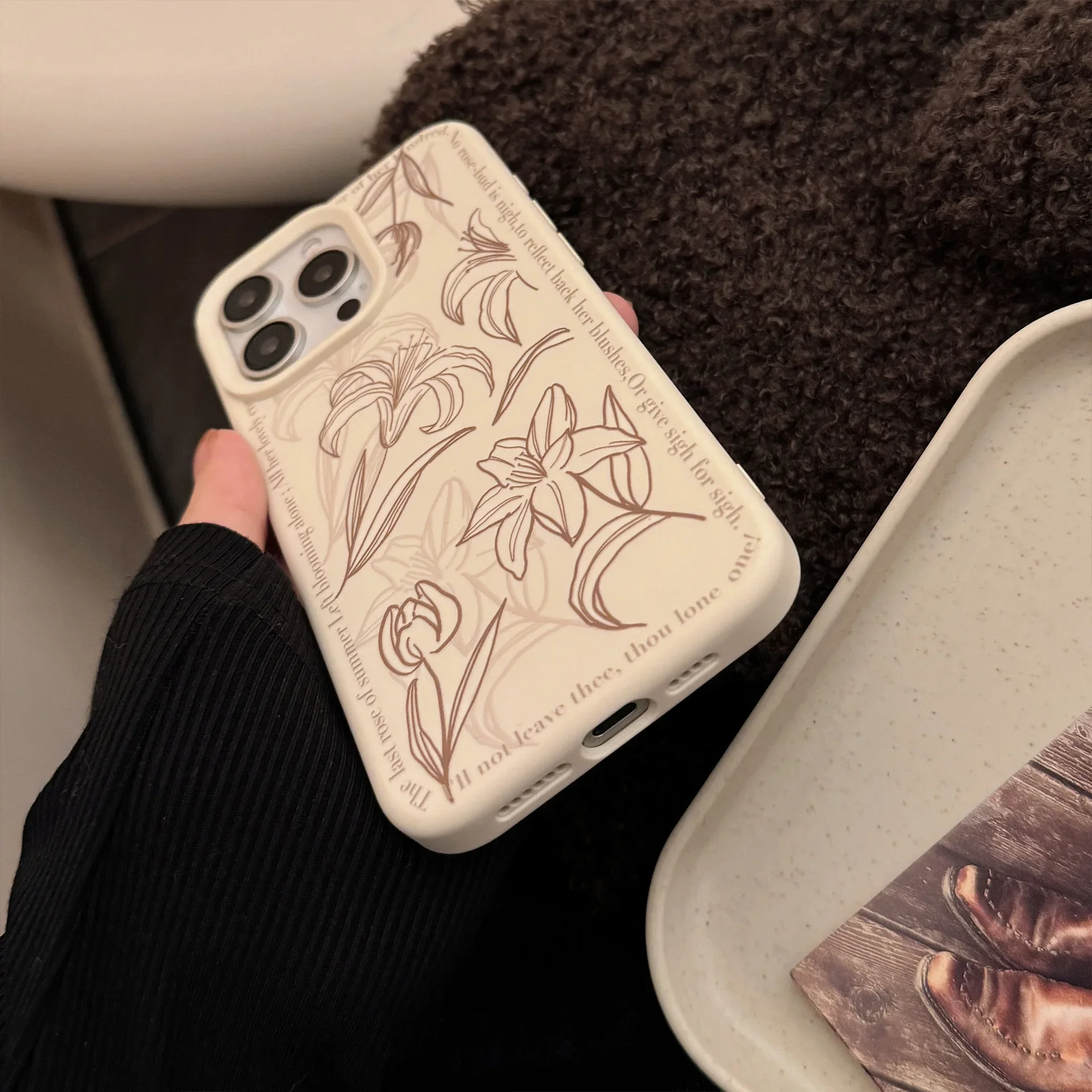 Чехол для телефона Ins Style Handuscript Lily Flower IPhone 16 15 14 12 13 11 Pro ProMax Plus X XR противоударный