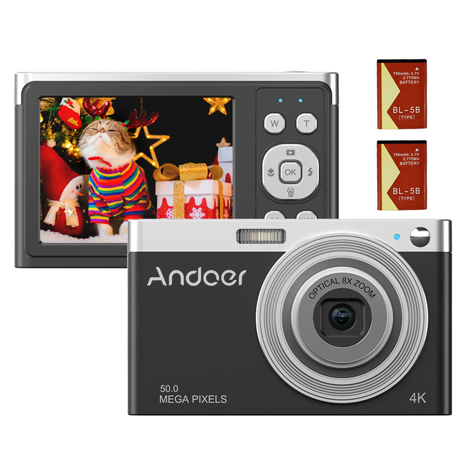 

Цифровая камера Andoer, портативная видеокамера 4K 50 МП, автофокус, 16-кратный зум, функция стабилизации лица, встроенная вспышка на батарейках