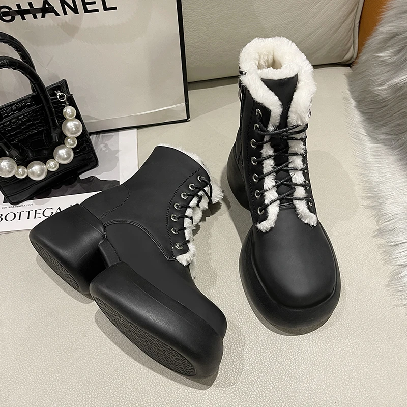 

Зимние ботинки, женская модная теплая плюшевая женская обувь, новинка зима 2022, ботильоны, толстая хлопковая обувь, черные женские кожаные бо...
