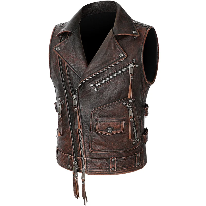 

2023 Men's Genuine Leather Motorcycle Vest Vintage Brown Mens Slim Fit 100% Real Cowhide Leather Bikers Vest Sleeveless Jacket