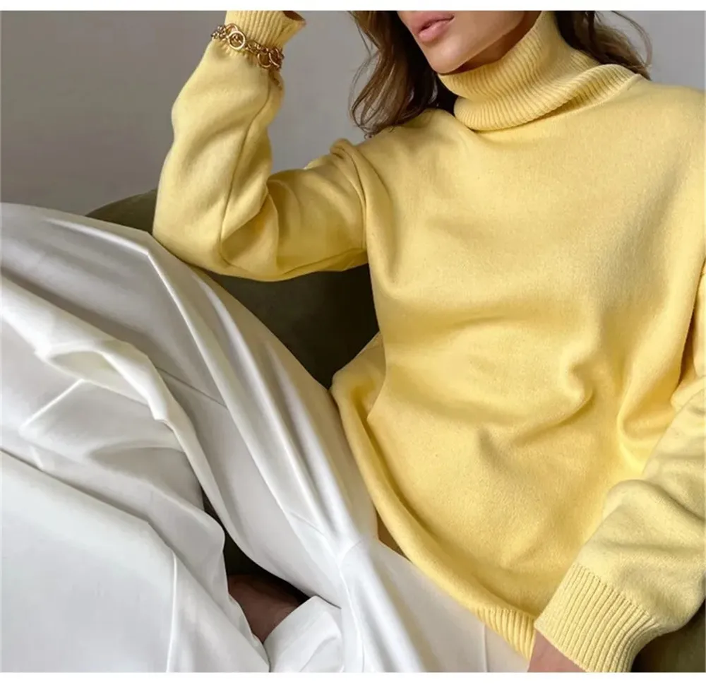 

Женский свитер с высоким воротником, вязаные джемперы с Боковым Разрезом, осенне-зимний Рождественский Свитер оверсайз