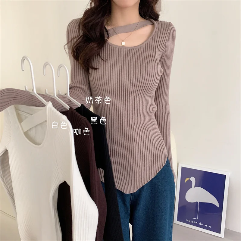 

Однотонный вязаный женский свитер, Осенний облегающий кардиган с длинными рукавами, эластичный Топ, модные женские джемперы в Корейском ст...