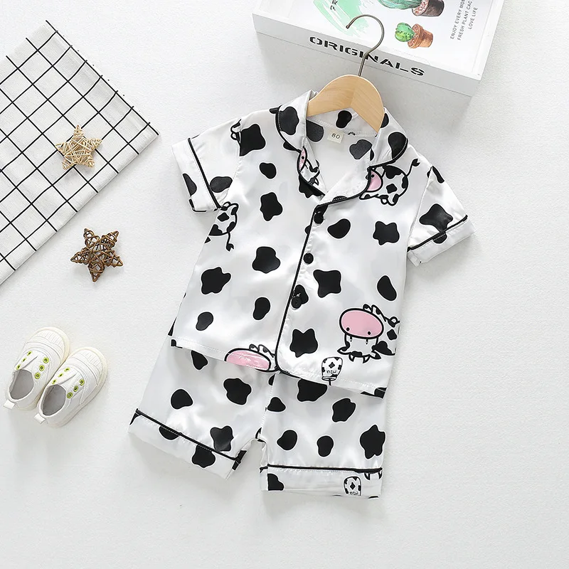 

Summer Children Cartoon Short Sleeve+Shorts 2pc Satin Silk Pajamas Sets Girls Sleepwear Boy Loungewear Leisure Wear Home Clothes