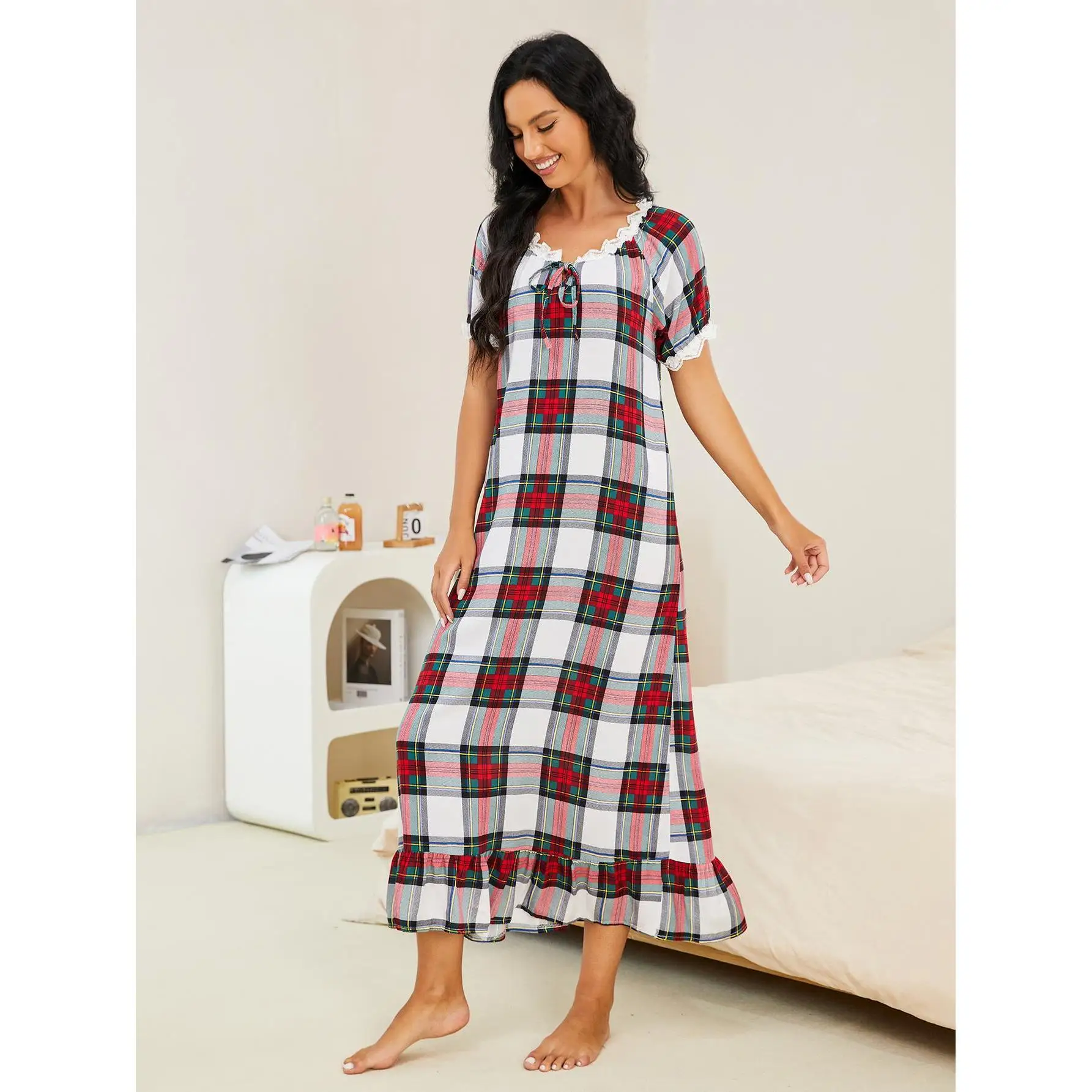 Spring and Autumn Plaid Short-sleeved Nightdress Women Can Wear One-piece Home Service Pajamas Night Wears for Women