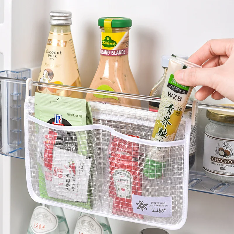 

1pc Refrigerator Storage Mesh Bag Hanging Portable Seasoning Food Snacks Net Bag Double Compartment Kitchen Fruits Storage Bags