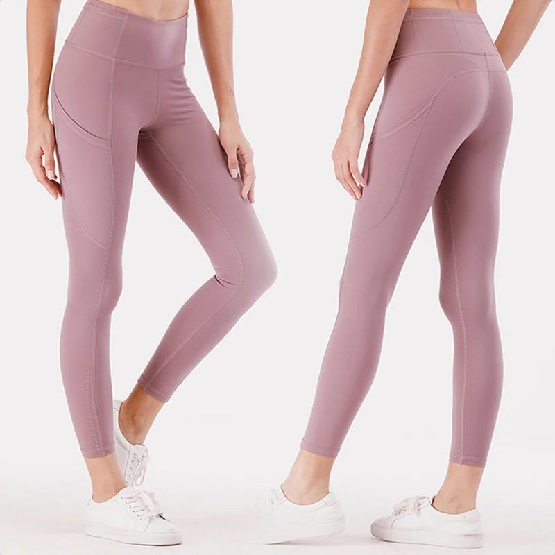 NWT Multi Pocket Ladies Yoga Pants Nude High Waist Tight Running Sports Pants Quick Dry Breathable Fitness Pants