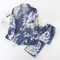 new spring and summer ladies viscose pajamas long sleeved elegant big flower home wear casual thin two piece suit plus size