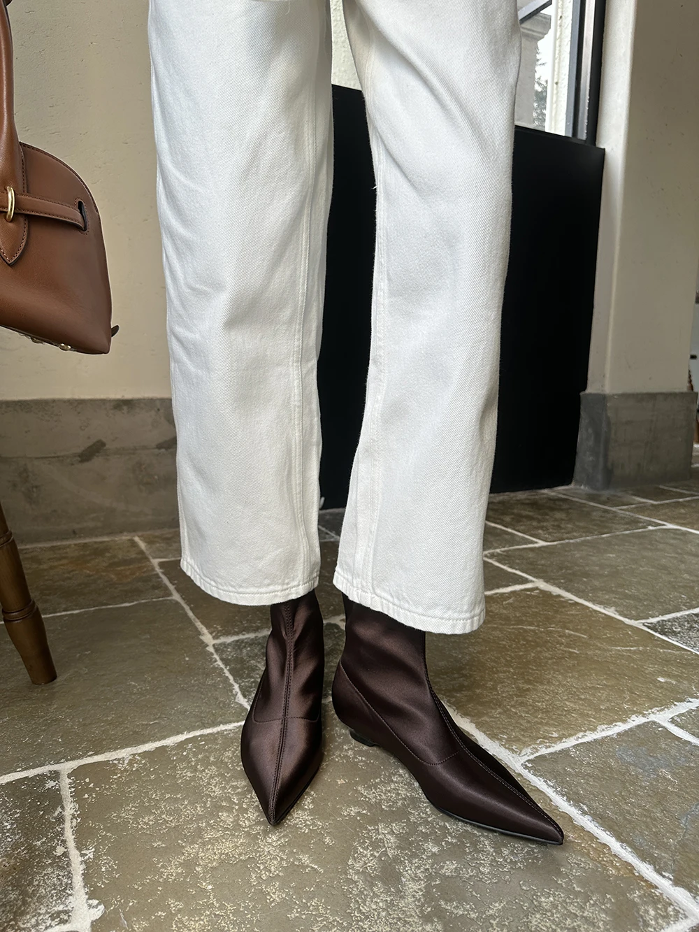 Ботильоны женские с заостренным носком шелковые ботинки-носки на низком каблуке