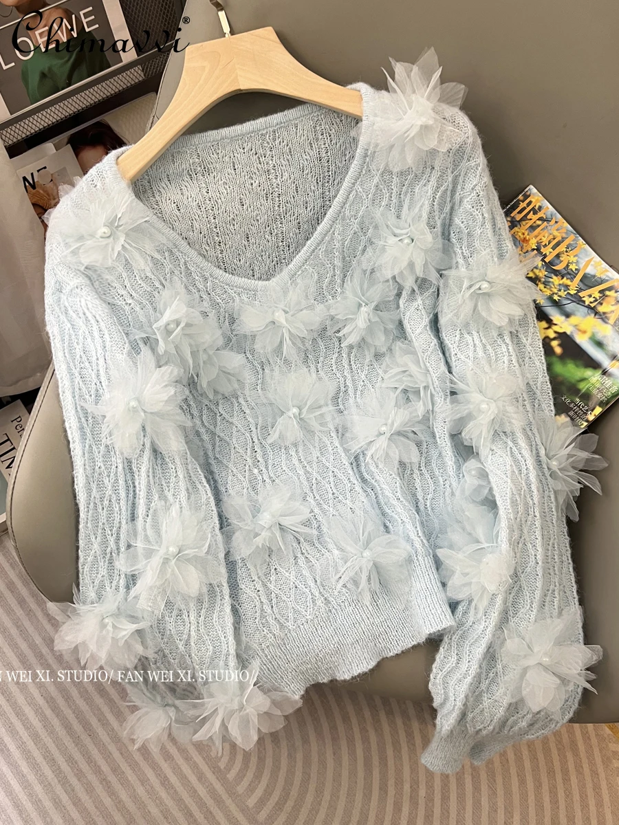 

Милые свитера 2023 осенняя одежда новая свободная тонкая Тяжелая промышленная одежда с бусинами 3D Цветочный V-образный вырез свитер пуловеры свободный женский топ