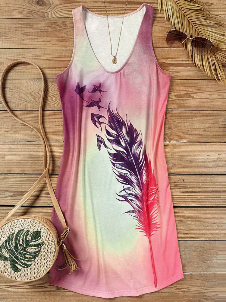 

Sexy Feather Bird Gradient Sleeveless Mini Dress Strap Sling Backless Bodycon Vestidos Elegant Party Dresses For Women
