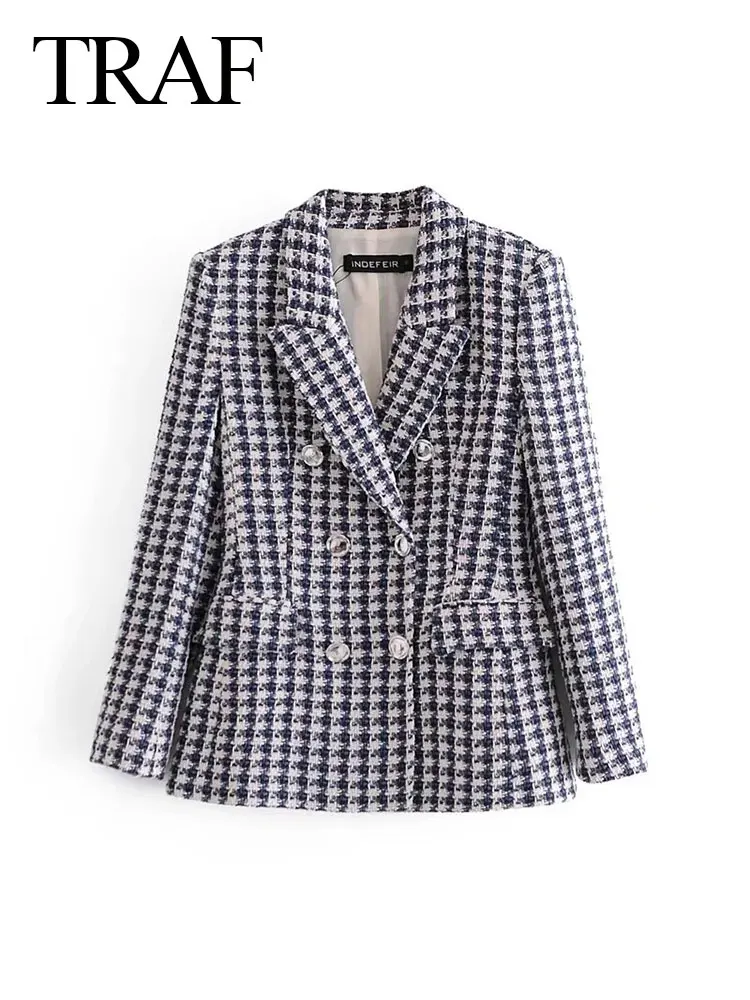 

TRAF Fashion Women's Top Check Textured Vintage Blazer Coat Double Breasted Chic Slim Fit Jacket Commute Office Lady Clothing