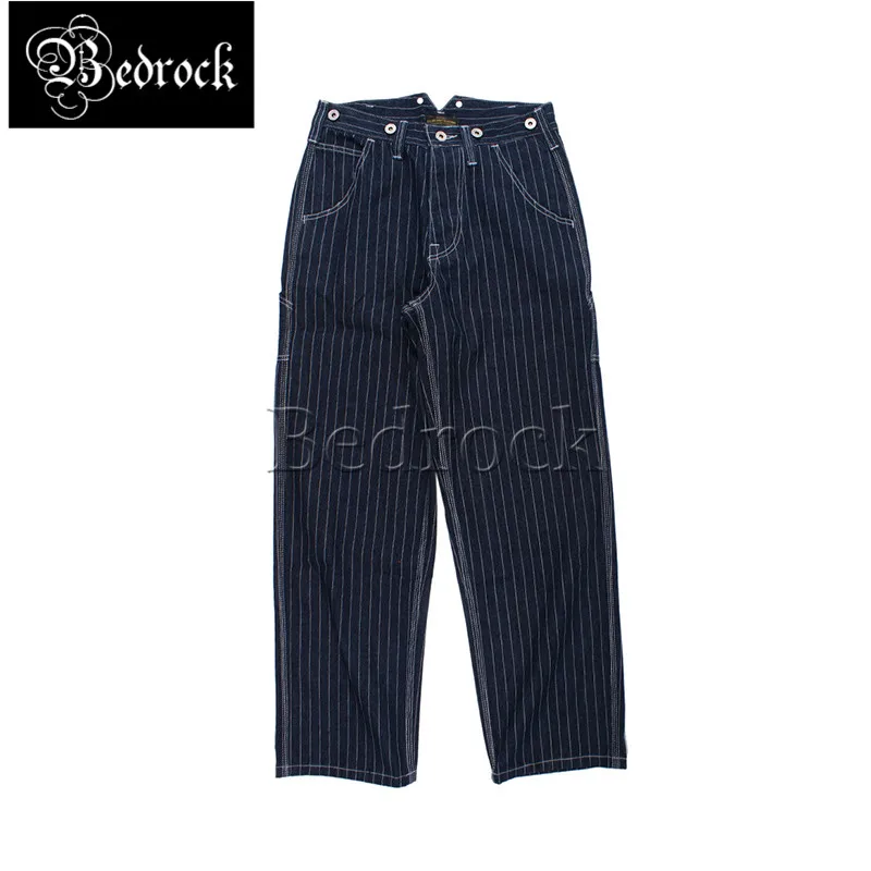 13.5oz men's blue wide-leg striped jeans button fly Loose rail suspenders cargo pants Amekaji Paris buckle denim biker overalls